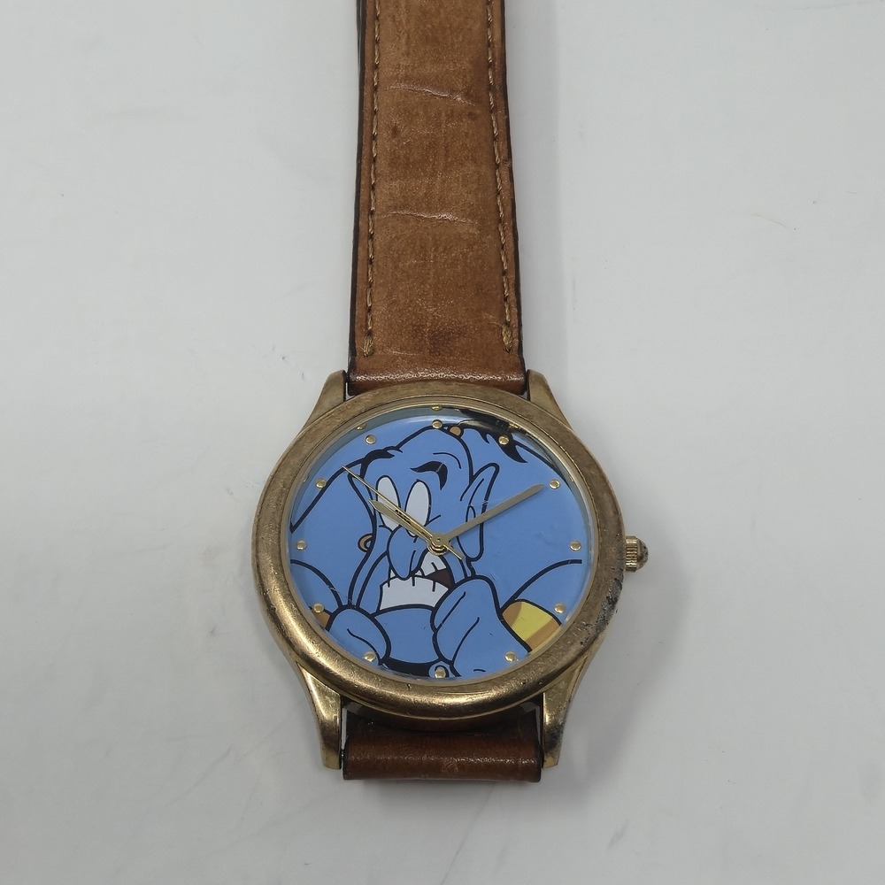 Vintage Fossil Disney Aladdin Genie Watch Gold Tone Brown Leather Strap NO BATT